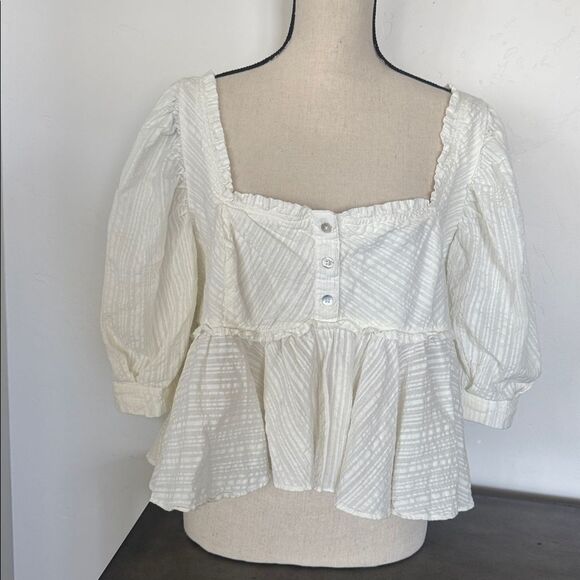 Free People Leave It To Me Babydoll Top Cotton in Ivory Square Neckline Size L - Picture 3 of 12